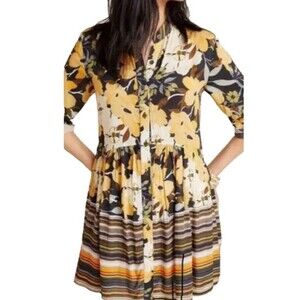 Blank London Dress Sz M Yellow Floral Womens Tunic Button Down Roll Tab Boho